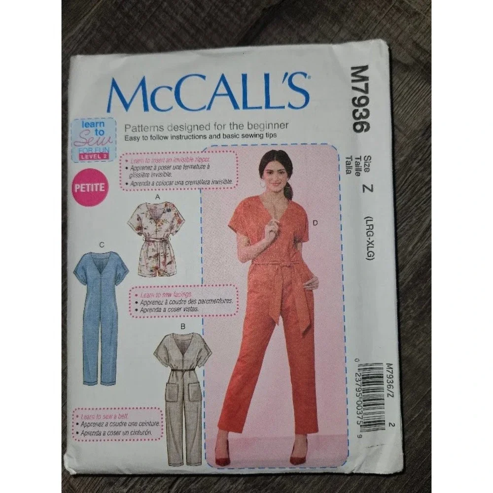 McCalls M7936 Misses Romper Jumpsuit Sewing Pattern Uncut Size L-XL 2019